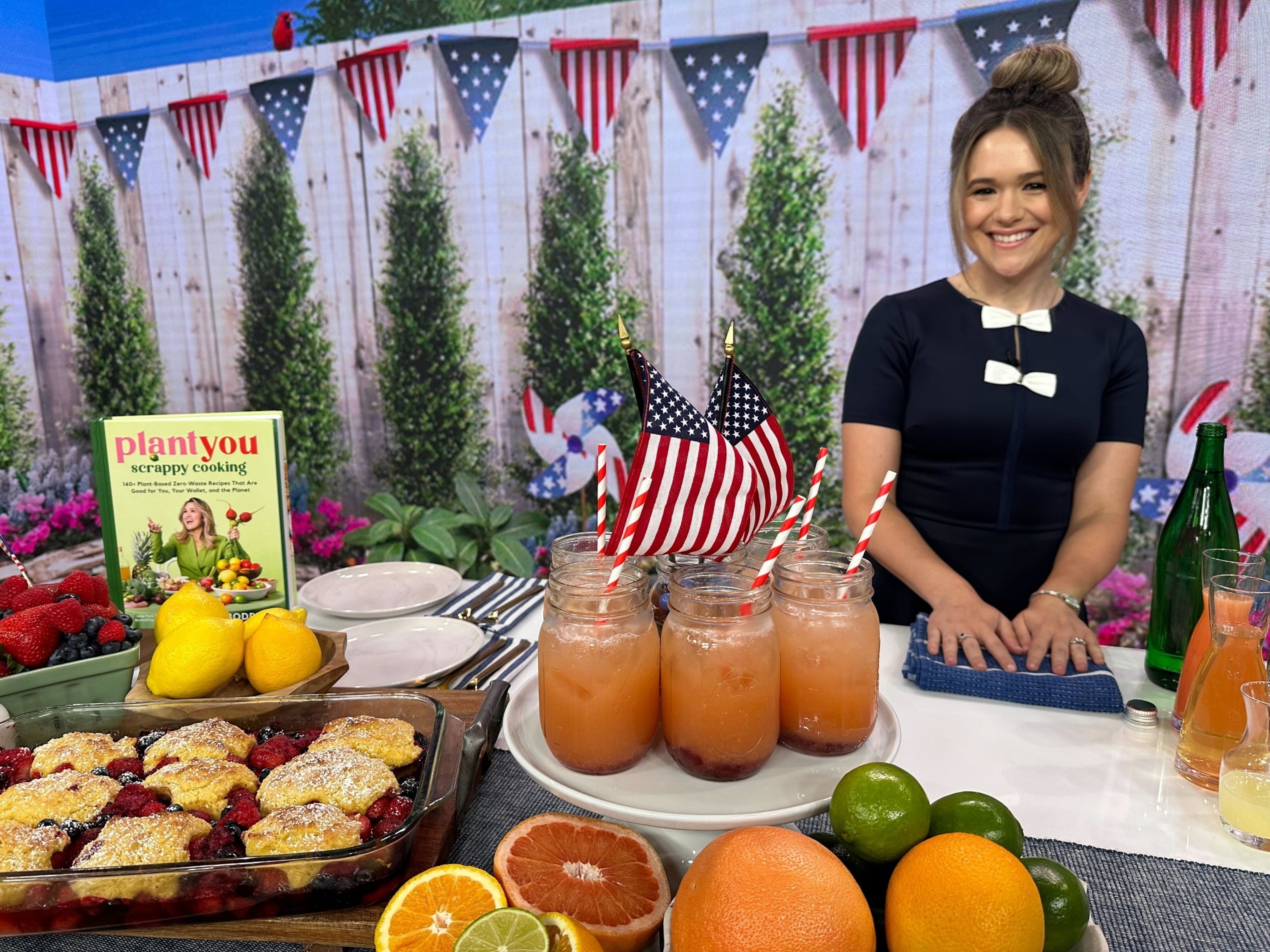 PHOTO: Carleigh Bodrug with three dishes from her cookbook, "PlantYou: Scrappy Cooking" at "Good Morning America" on July 4.