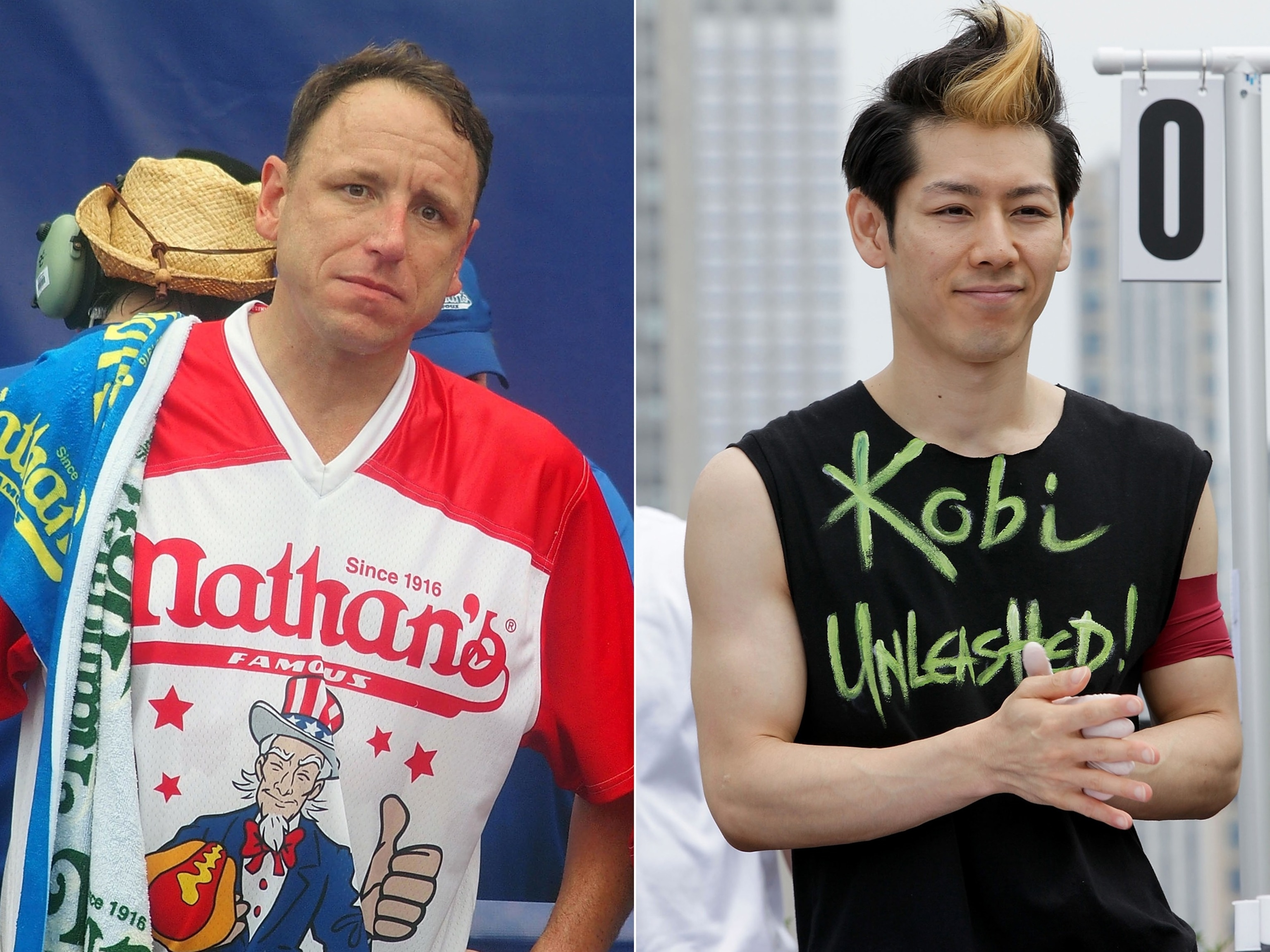 PHOTO: Joey Chestnut is shown during the 2023 Nathan's Famous International Hot Dog Eating Contest at Coney Island, on July 4, 2023, in New York. |  Takeru Kobayashi challeges contestants via satellite at 230 Fifth Avenue, on July 4, 2011, in New York.