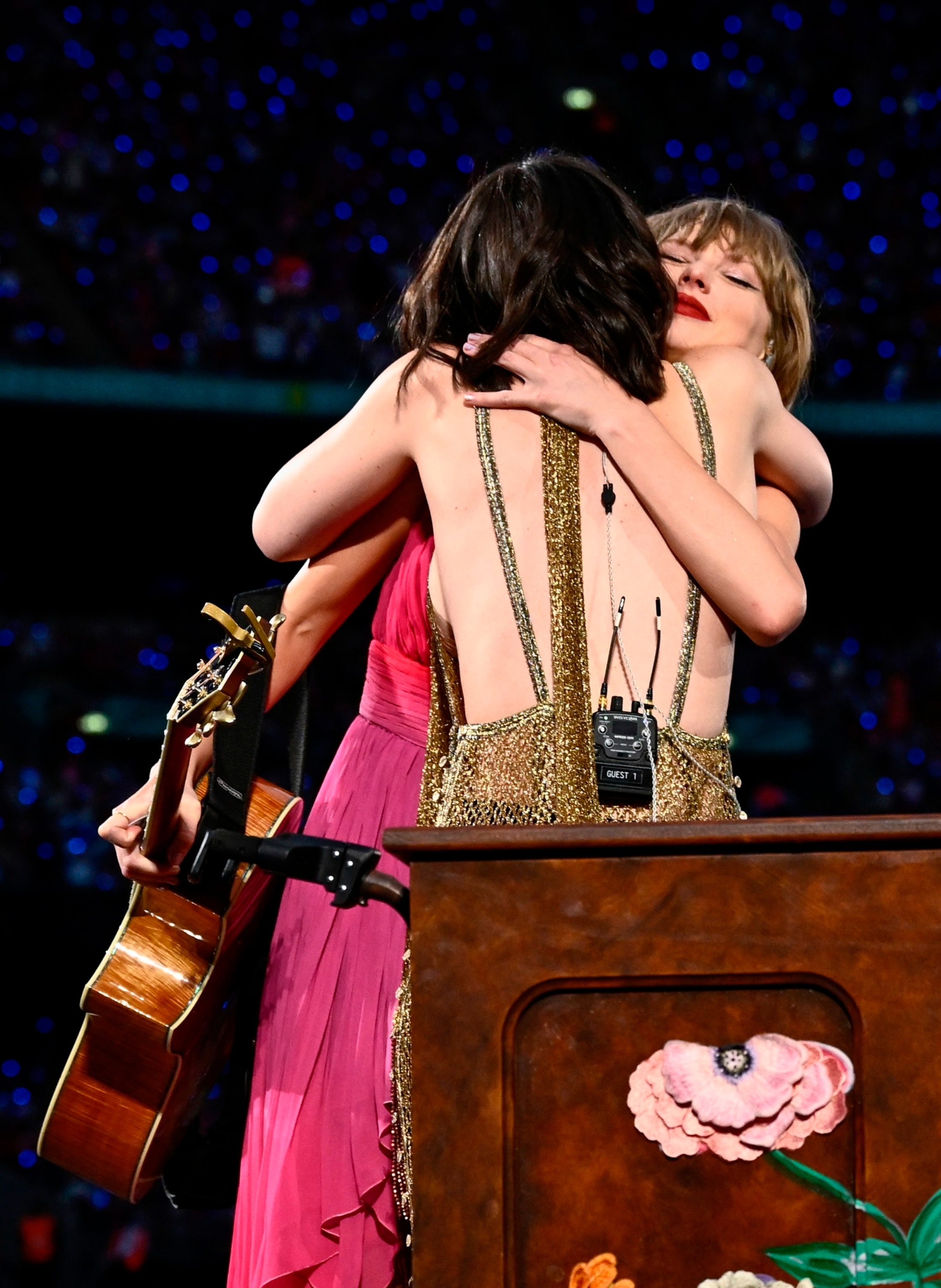 PHOTO: Taylor Swift and Gracie Abrams embrace on stage during "Taylor Swift | The Eras Tour" at Wembley Stadium, June 23, 2024, in London.